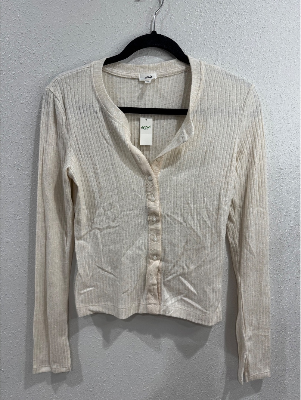 Y2K Aerie Cream Shimmer Ribbed Button Front Cardigan Top S